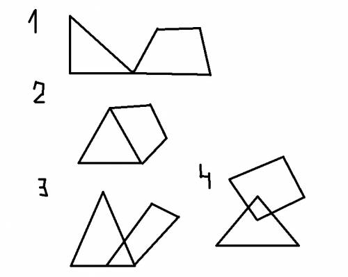 Нарисуй треугольник и чётырёх уголник пересечением которых является: точка,отрезок,треугольник,четыр