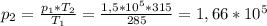 p_{2}= \frac{p_{1}*T_{2}}{T_{1}} = \frac{1,5*10^5*315}{285} =1,66*10^5