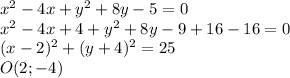 x^2-4x+y^2+8y-5=0\\&#10;x^2-4x+4+y^2+8y-9+16-16=0\\&#10;(x-2)^2+(y+4)^2=25\\&#10;O(2;-4)