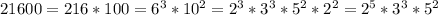 21600 = 216*100 = 6^3*10^2 = 2^3*3^3*5^2*2^2 =2^5*3^3*5^2