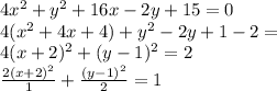 4x^2+y^2+16x-2y+15=0\\&#10;4(x^2+4x+4)+y^2-2y+1-2=\\&#10;4(x+2)^2+(y-1)^2=2\\&#10;\frac{2(x+2)^2}{1}+\frac{(y-1)^2}{2}=1\\&#10;