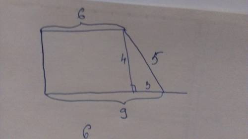 Впрямоугольной трапеции основания 6 см и 9 см, а большая боковая сторона равна 5 см.найдите площадь