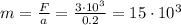 m= \frac{F}{a} = \frac{3\cdot 10 ^{3}}{0.2}= 15\cdot 10 ^{3}