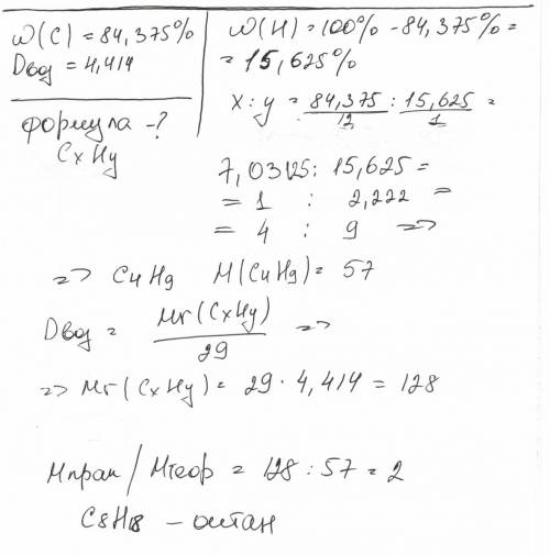 Определить молекулярную формулу вещества если массовая доля углерода 84,375%, остальное водород.отно