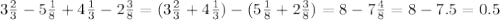 3 \frac{2}{3} -5 \frac{1}{8}+4 \frac{1}{3} -2 \frac{3}{8} =&#10;(3 \frac{2}{3} +4 \frac{1}{3})-(5 \frac{1}{8} +2 \frac{3}{8}) =&#10;8 -7 \frac{4}{8} =8-7.5=0.5