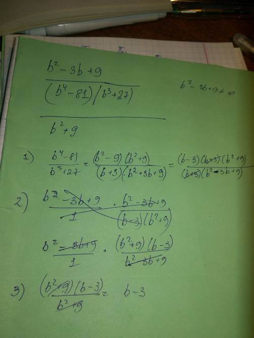 Часть 2 в 1(а)выполните деление дробей b^2-3b+9 дробная черта b^4-81: b^3+27 дробная черта b^2+9,есл