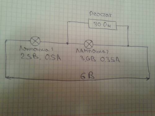 Есть источник питания с напрежением в 6 вольт, реостат с сопротивлением 30 ом и 2 ланпочки на которы