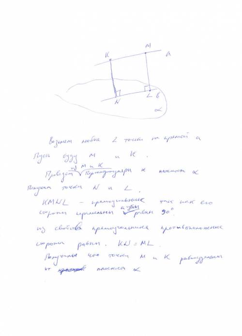 Прямая а параллельна плоскости α. докажите, что все точки прямой а равноудалены от плоскости α.