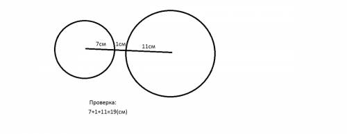 Радиус двух окружностей равны 7 и 11 см, а расстояние между их центрами - 19 см. как расположены окр