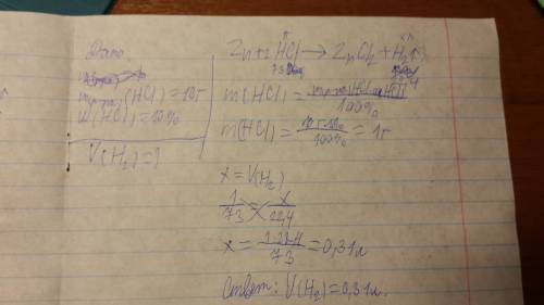 Какой объем водорода(н.у.) вытесняет цинк из 10 г раствора с массовой долей хлоридной кислоты 10%