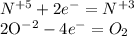 N^{+5}+2 e^{-} = N^{+3}&#10;&#10;2O^{-2}-4 e^{-} = O_{2}