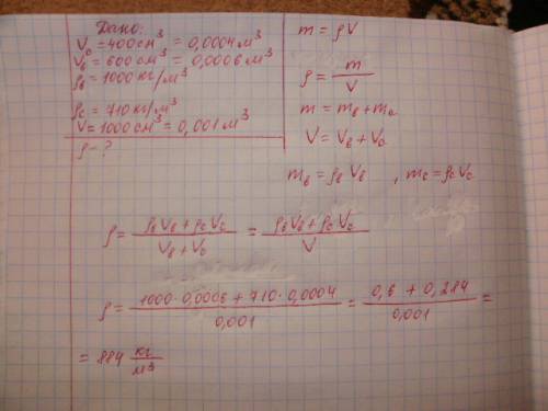 Яка густина суміші що складається з 400 см кубічних спирту і 600 см кубічних вважати що загальний об
