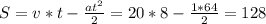 S=v*t- \frac{at^2}{2}=20*8- \frac{1*64}{2}=128