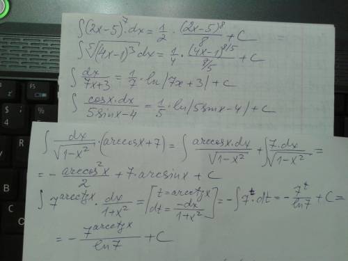 \int\limits (2x-5)^7dx= \int\limits \sqrt[5]{(4x-1)^3 }= \int\limits dx/ 7x+3 = \int\limits cosxdx /