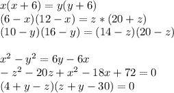 x(x+6)=y(y+6)\\&#10;(6-x)(12-x)=z*(20+z)\\&#10;(10-y)(16-y)=(14-z)(20-z)\\&#10;\\&#10;x^2-y^2=6y-6x\\&#10;-z^2-20z+x^2-18x+72=0\\&#10;(4+y-z)(z+y-30)=0&#10;&#10;