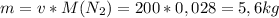 m=v*M(N_{2})=200*0,028=5,6kg