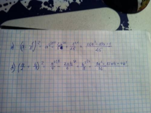 Преобразуйте выражение 1) (a-1/5)в квадрате.2) (a/2+b/3)в квадрате.