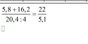 Запишите дробное выражение, числитель которого равен сумме 5,8 и 16,2, а знаменатель- частному 20,4
