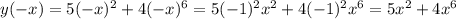 y(-x)=5(-x)^2+4(-x)^6= 5(-1)^2x^2+4(-1)^2x^6= 5x^2+4x^6