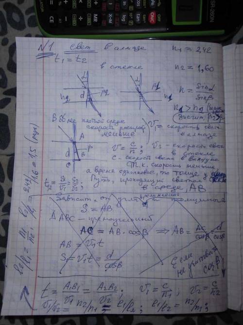 (1)определите отношение толщины пластинок d1/d2 из алмаза(n1=2,42) и стекла (n2=1,60),если время рас