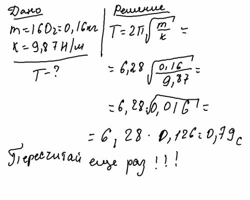 Тело массой 160 г подвешено на пружине жесткостью 9.87 н / м и в колебательное движение. определить