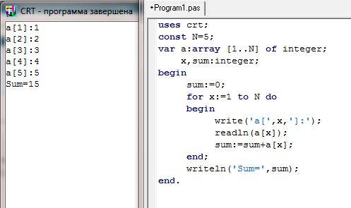 Составить программу на суммирование элементов массива. произвести ввод и отладку программы, проанали