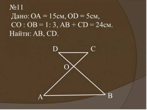 Дано: oa=15cм od=5см co/ob=1/3 ab+cd=24 найти: ab,cd