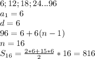 6;12;18;24...96\\&#10;a_{1}=6\\&#10;d=6\\&#10;96=6+6(n-1)\\&#10;n=16\\&#10; S_{16}=\frac{2*6+15*6}{2}*16 = 816