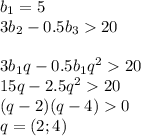 b_{1}=5\\ 3b_{2}-0.5b_{3}20\\ \\ 3b_{1}q-0.5b_{1}q^220\\&#10;15q-2.5q^220\\&#10;(q-2)(q-4)0\\&#10;q = (2;4)&#10;