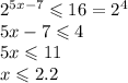 2^{5x-7} \leqslant16 = 2^4\\5x-7\leqslant 4\\5x \leqslant 11\\x \leqslant 2.2