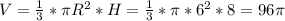 V=\frac{1}{3}*\pi R^{2}*H=\frac{1}{3}*\pi *6^{2} *8=96\pi