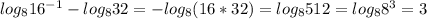 log_8 16^{-1} -log_8 32=-log_8 (16*32)=log_8512=log_8 8^3=3