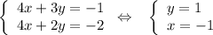 \left \{\begin{array}{lcl} {{4x + 3y=-1} \\ {4x+2y=-2}}\end{array} \right. \Leftrightarrow ~~\left \{\begin{array}{lcl} {{y=1} \\ {x=-1}}\end{array} \right.