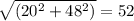 \sqrt{(20^2+48^2)}=52