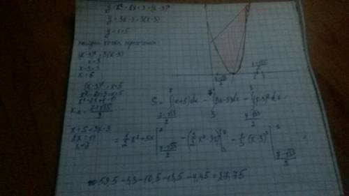 Вычислить площадь фигуры, ограниченной линиями у = х2 − 6х + 9,у = 3х − 9, х − у +5 = 0