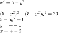 x^2=5-y^2\\&#10;\\&#10;(5-y^2)^2+(5-y^2)y^2=20\\&#10;5-5y^2=0\\&#10;y=+-1\\&#10;x=+-2\\&#10;