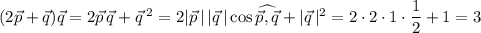 (2\vec p+\vec q)\vec q=2\vec p\,\vec q+\vec q{\:}^2=2|\vec p\,|\,|\vec q\,|\cos\widehat{\vec p,\vec q}+|\vec q\,|^2=2\cdot2\cdot1\cdot\dfrac12+1=3