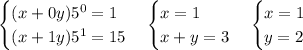 \begin{cases}(x+0y)5^0=1\\(x+1y)5^1=15\end{cases}\begin{cases}x=1\\x+y=3\end{cases}\begin{cases}x=1\\y=2\end{cases}