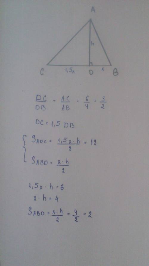Втреугольнике авс ав=4см, ас=6см, ад-высота и биссектриса, площадь треугольника адс=12см2, найти пло
