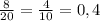 \frac{8}{20} = \frac{4}{10} = 0,4