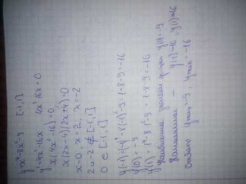 Найти наибольшее и наименьшее значение функции у=х^4-8х^2-9 на [-1; 1] !