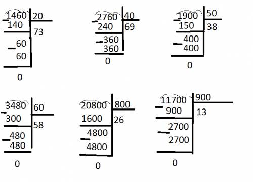 Реши столбиком 1460: 20,2760: 40,1900: 50,3480: 60,20800: 800,11700: 900