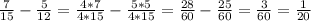 \frac{7}{15} - \frac{5}{12} = \frac{4*7}{4*15} - \frac{5*5}{4*15} = \frac{28}{60} - \frac{25}{60} = \frac{3}{60} = \frac{1}{20}