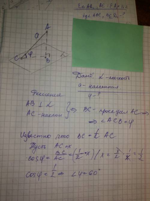 Под углом φ к плоскости α проведена наклонная. найдите φ, если известно, что проекция наклонной вдво