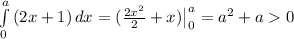 \int\limits^a_0 {(2x+1)} \, dx =(\frac{2x^2}{2}+x)\big|_0^a=a^2+a0