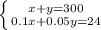 \left \{ {{x + y = 300} \atop {0.1x + 0.05y = 24}} \right.