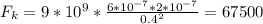 F_k = 9 * 10^{9} * \frac{6 * 10^{-7} * 2*10^{-7} }{0.4^{2}} = 67500