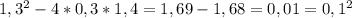 1,3^{2}-4*0,3*1,4=1,69-1,68=0,01= 0,1^{2}