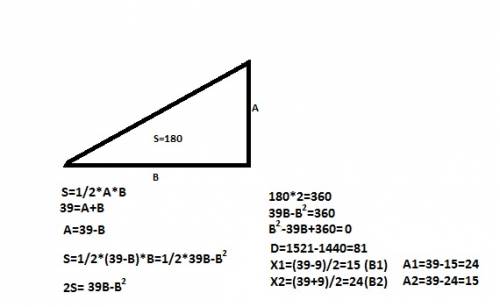 Площадь прямоугольного треугольника 180 см2. найдите катеты треугольника, если их сумма 39 см.