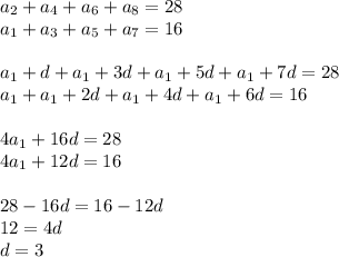 a_{2}+a_{4}+a_{6}+a_{8}=28\\&#10;a_{1}+a_{3}+a_{5}+a_{7}=16\\&#10;\\&#10;a_{1}+d+a_{1}+3d+a_{1}+5d+a_{1}+7d=28\\&#10;a_{1}+a_{1}+2d+a_{1}+4d+a_{1}+6d=16\\&#10;\\&#10;4a_{1}+16d=28\\&#10;4a_{1}+12d=16\\&#10;\\&#10;28-16d=16-12d\\&#10;12=4d\\&#10;d=3